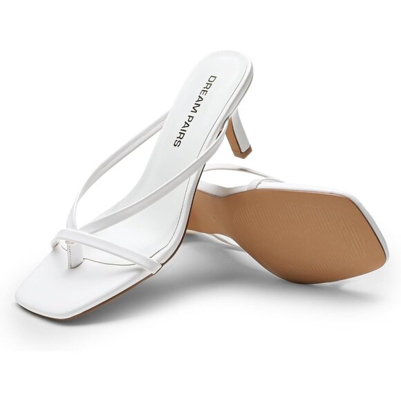 Dream Pairs Women White Faux Leather Open Square Toe Thong Heeled Sandals - Picture 4 of 7